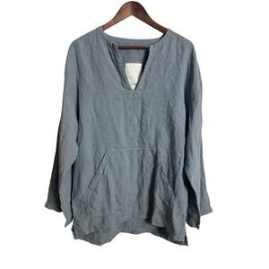 YUME Label 100% Linen Popover Tunic Top Kangaroo Pocket Long Sleeve Relaxed S